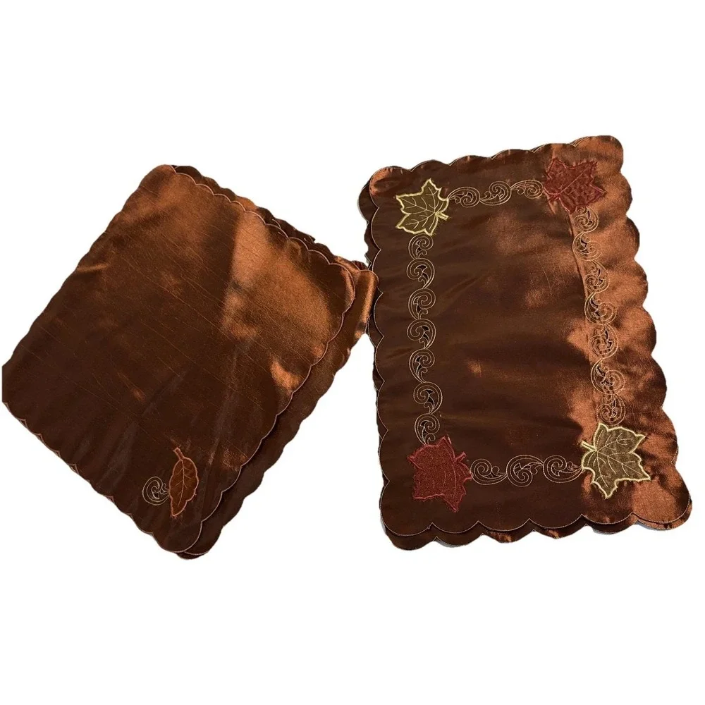 Vtg Bronze Cutwork Fall Leaf Placemats & Napkins w Scalloped Edges Silky Elegant